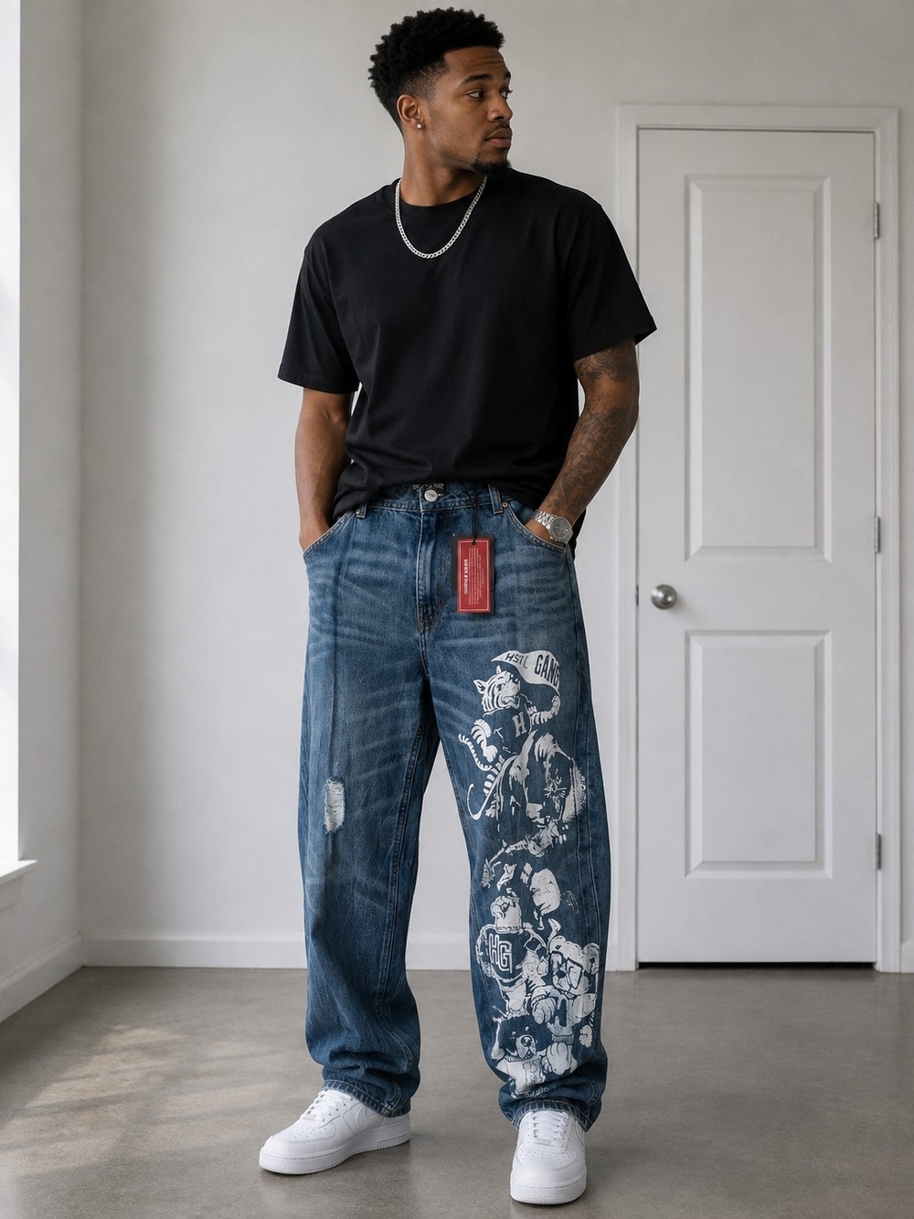 Hustle Gang Blue Denim Relaxed Graphic Jeans